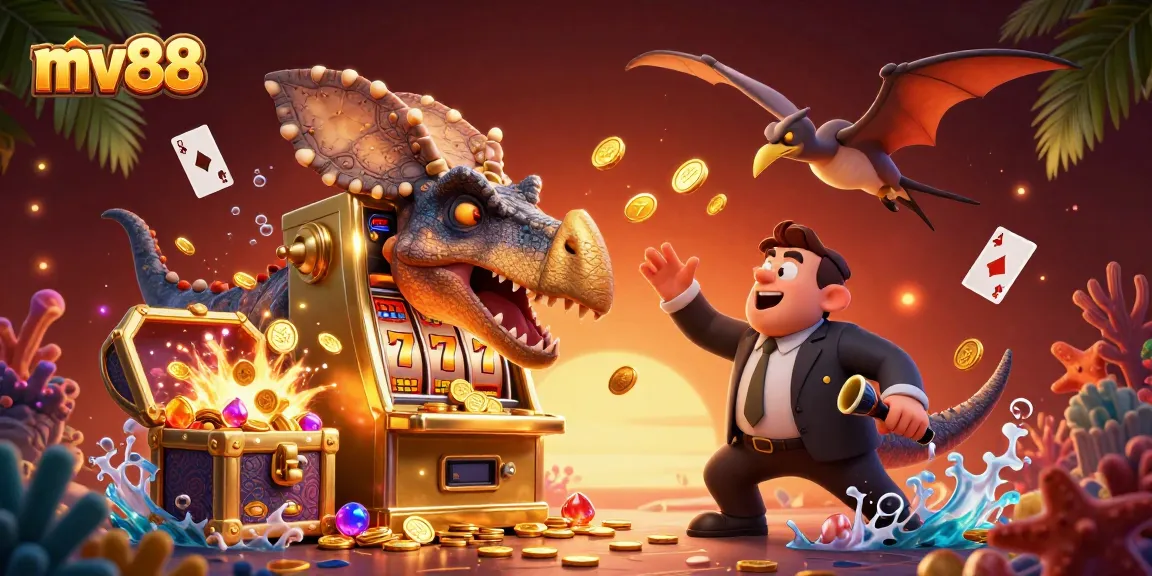 Experience thrilling wins at mv88 casino with vibrant characters around a slot machine jackpot.