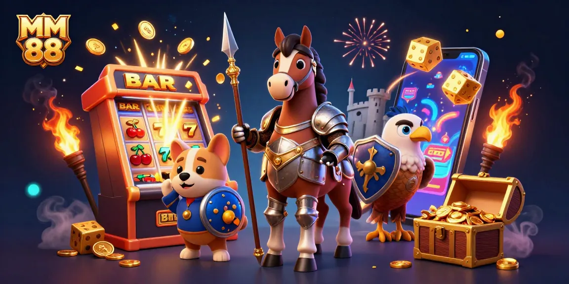 Experience big wins at MM 88 with a lavish 3D scene depicting knights, treasure, and epic casino games.