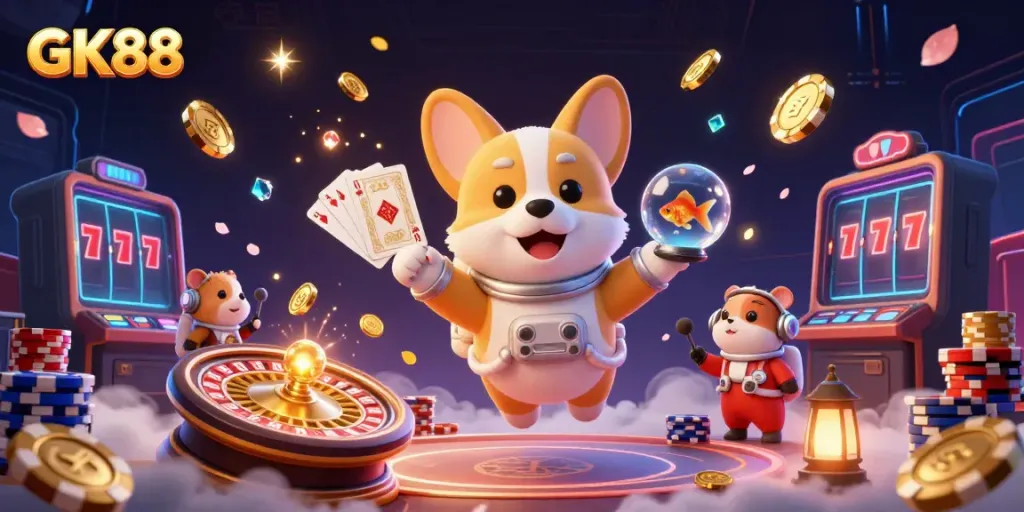 Experience the thrilling GK88 casino atmosphere with vibrant characters and exciting game elements.