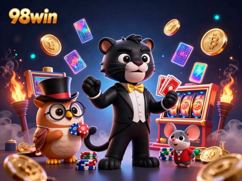 Experience the thrill of 98win as a black panther elegantly deals cards in a vibrant, casino-themed scene.