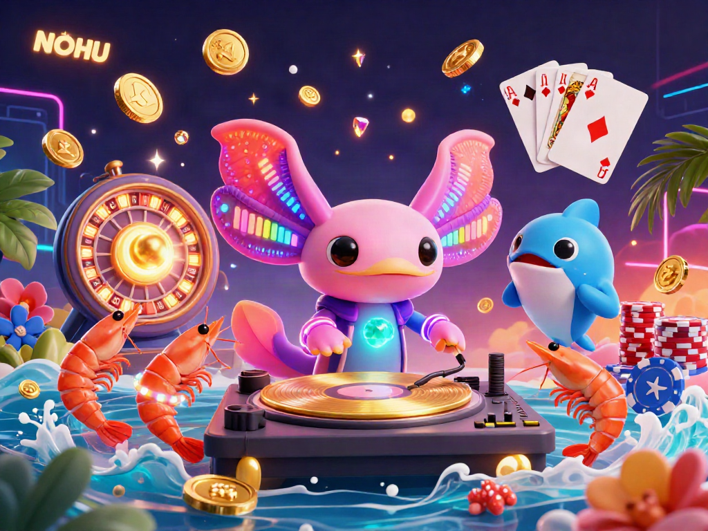NoHU's vibrant underwater casino scene featuring a DJ axolotl and gold coins cascading.
