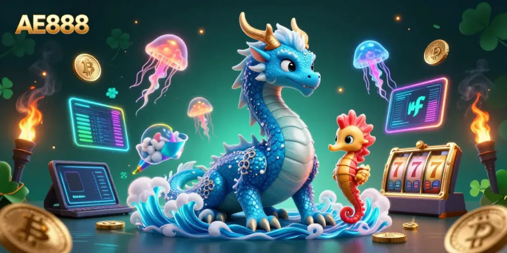 Win big with AE888 in a vibrant casino-themed 3D illustration featuring a water dragon and seahorse knight.