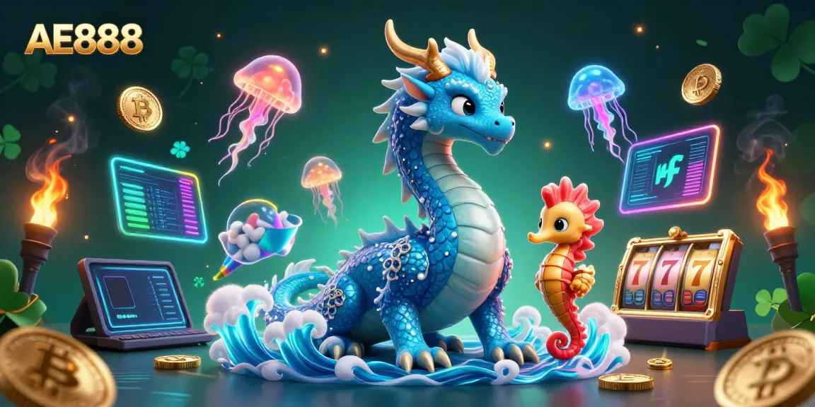 Win big with AE888 in a vibrant casino-themed 3D illustration featuring a water dragon and seahorse knight.