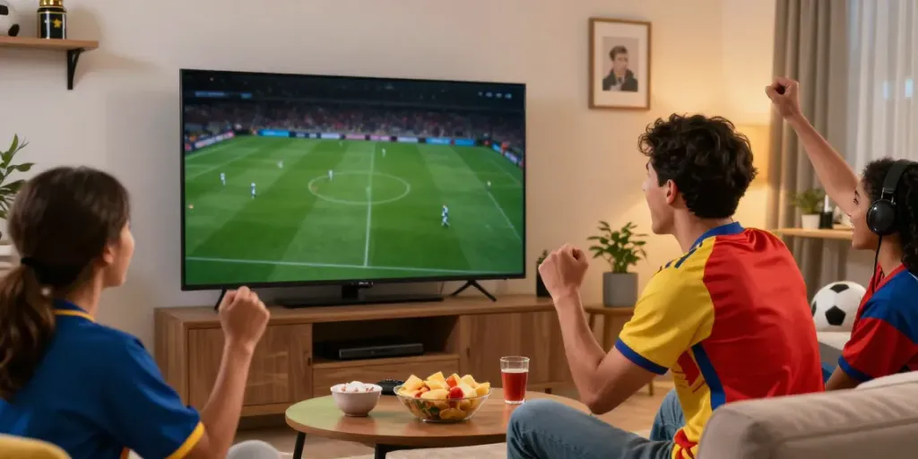 Football fan eagerly watching Thapcamtv live matches in a cozy living room.