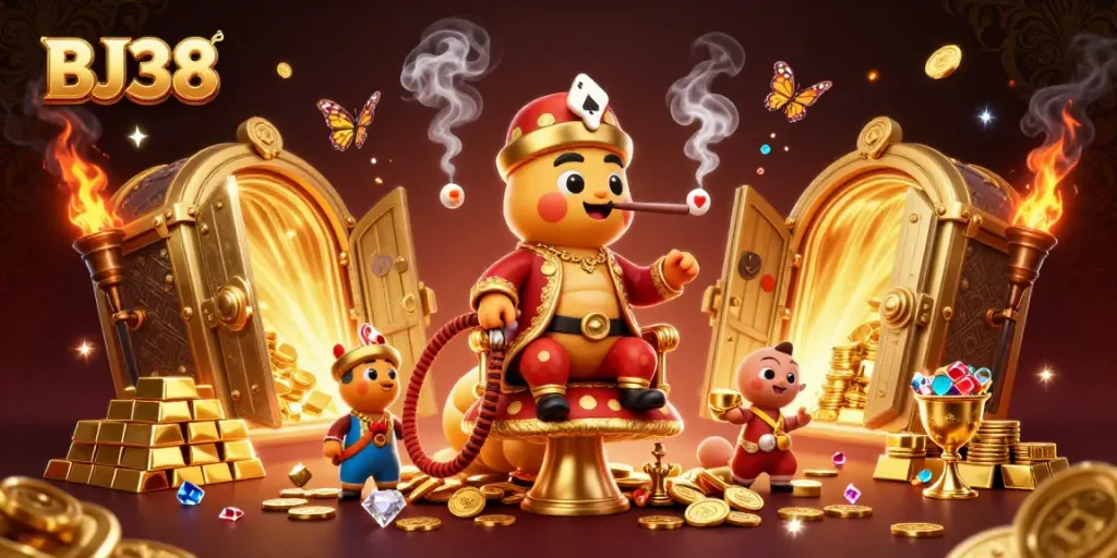Engage with BJ38's vibrant casino scene featuring a whimsical caterpillar and treasure galore.