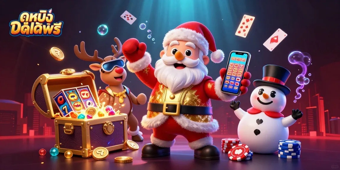 Experience exciting ดูหนังออนไลน์ฟรี with Santa in a thrilling casino-themed adventure showcasing vibrant slots and characters.