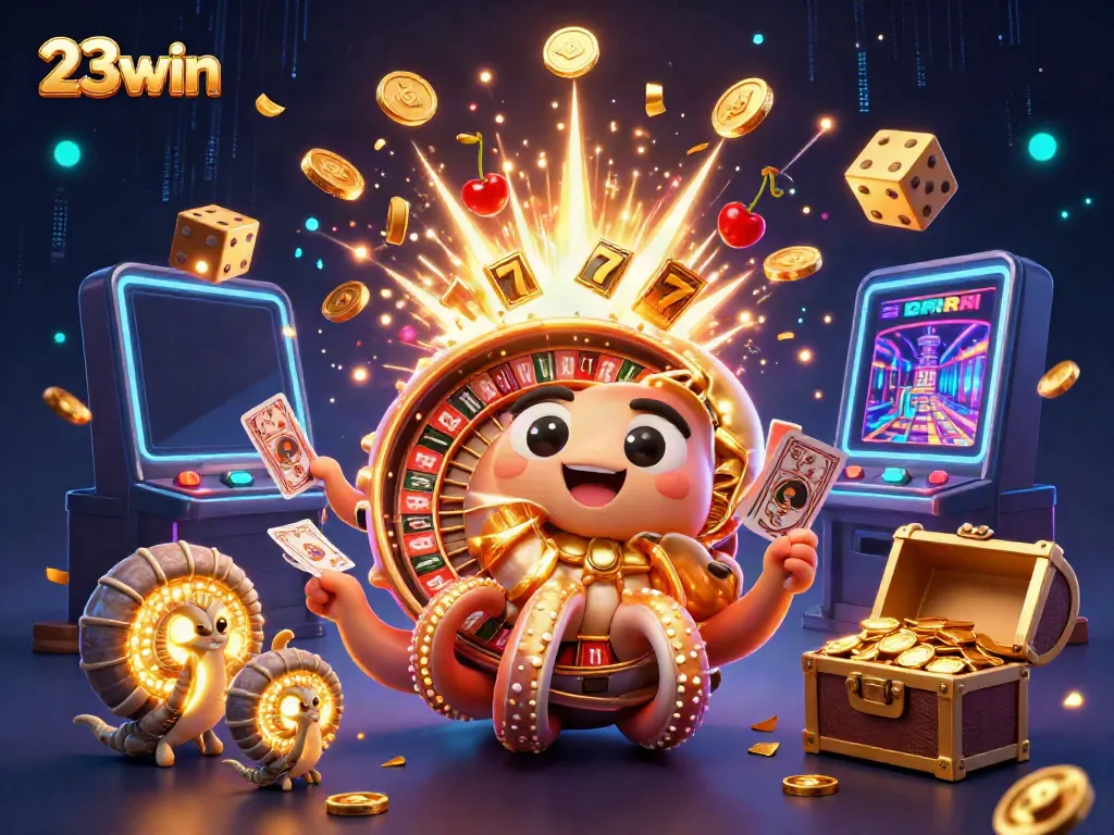 Engage with 23win's exciting casino scene featuring a giant nautilus roulette and jackpot slot machine.