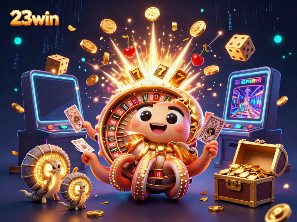Engage with 23win's exciting casino scene featuring a giant nautilus roulette and jackpot slot machine.