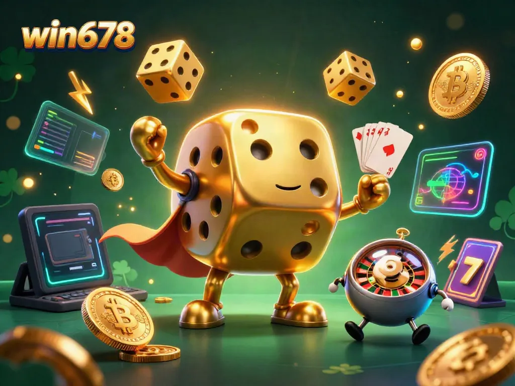 Engage in thrilling games with win678's vibrant casino scene, showcasing golden dice golems and crypto elements.