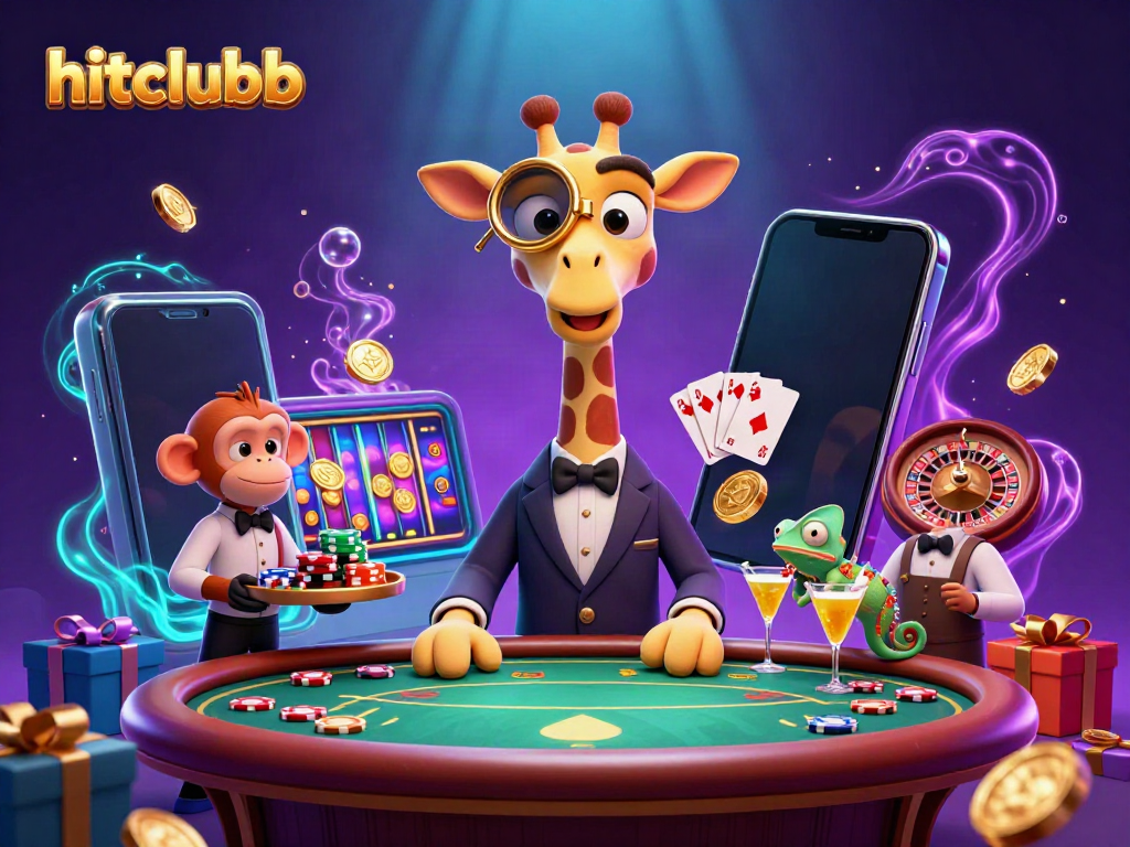 Join the hitclubb excitement with a high-roller giraffe at a VIP poker table, surrounded by vibrant casino elements.