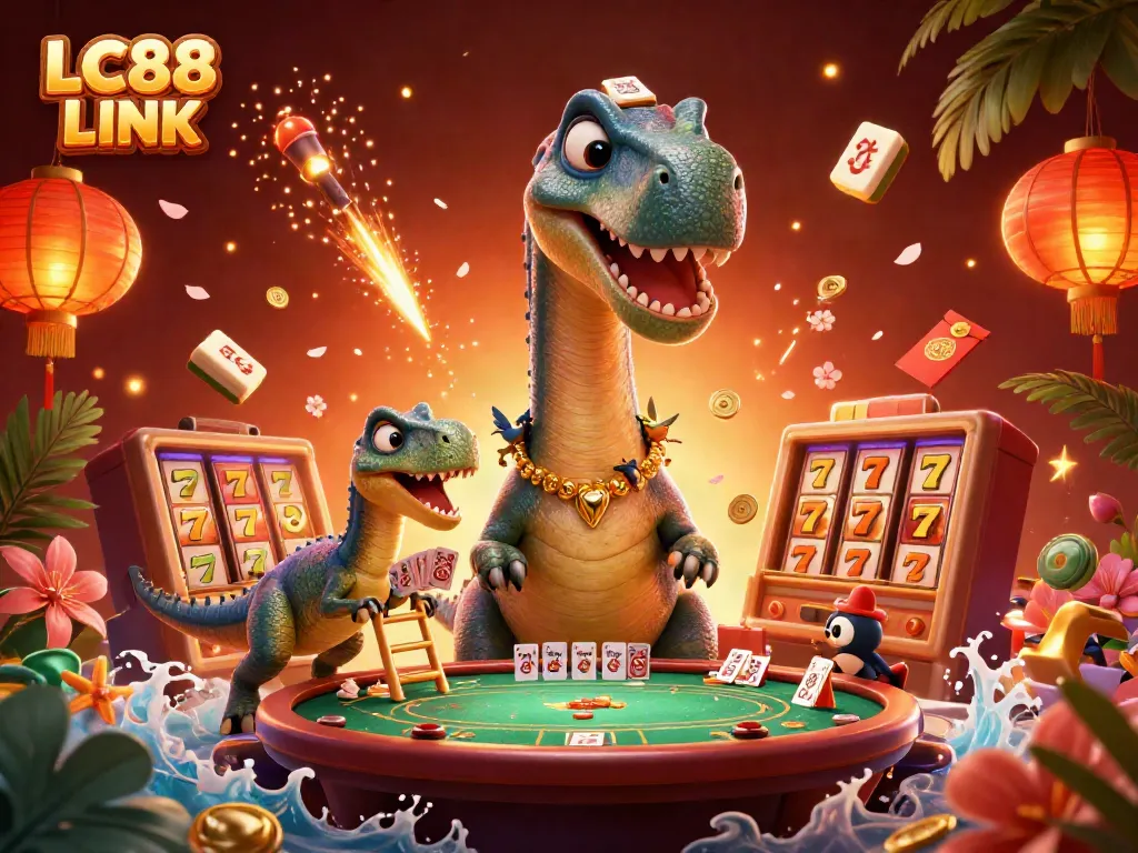 Join the gaming excitement with LC88 LINK featuring animated casino characters in a vibrant setting.