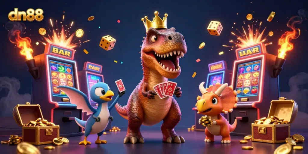 Experience thrilling gameplay at dn88 with a T-Rex and friends in a vibrant casino atmosphere.