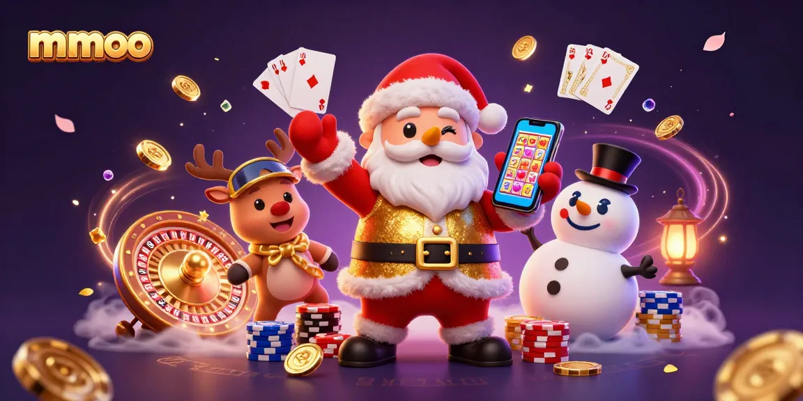 Mmoo casino illustration featuring a Santa Claus character with a smartphone showing jackpot slots and festive elements.