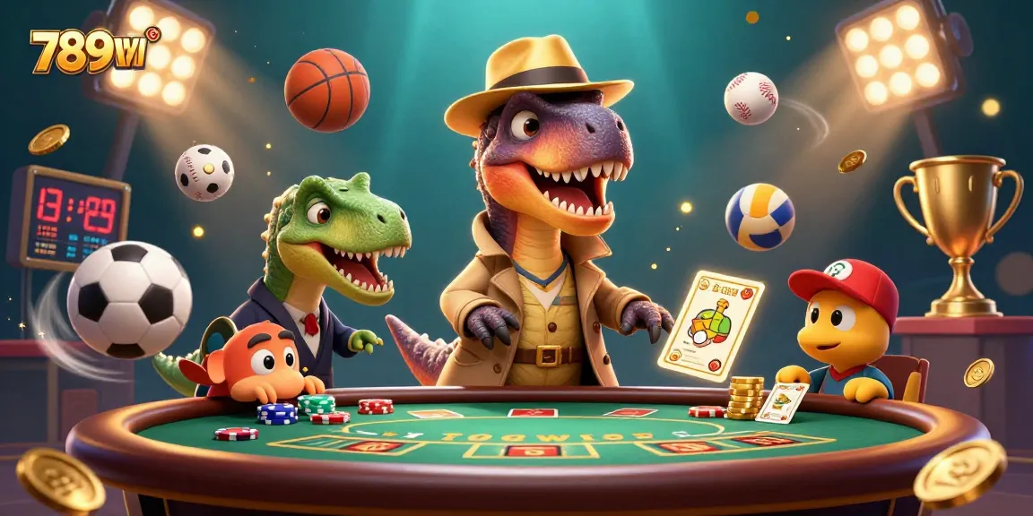 Experience the excitement of 789WIN with a velociraptor card counter, sports elements, and a stegosaurus pit boss in a vibrant casino scene.