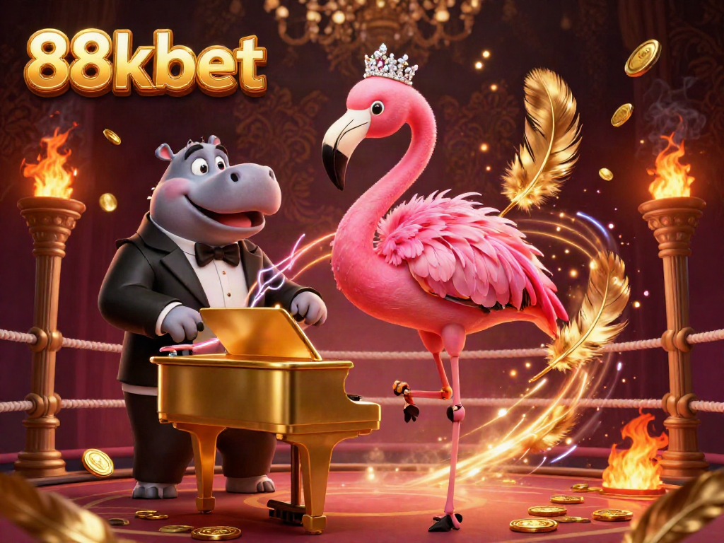 Engage with 88kbet in a vibrant casino scene featuring a flamingo singer and hippo bassist, enhanced by dynamic golden particles.