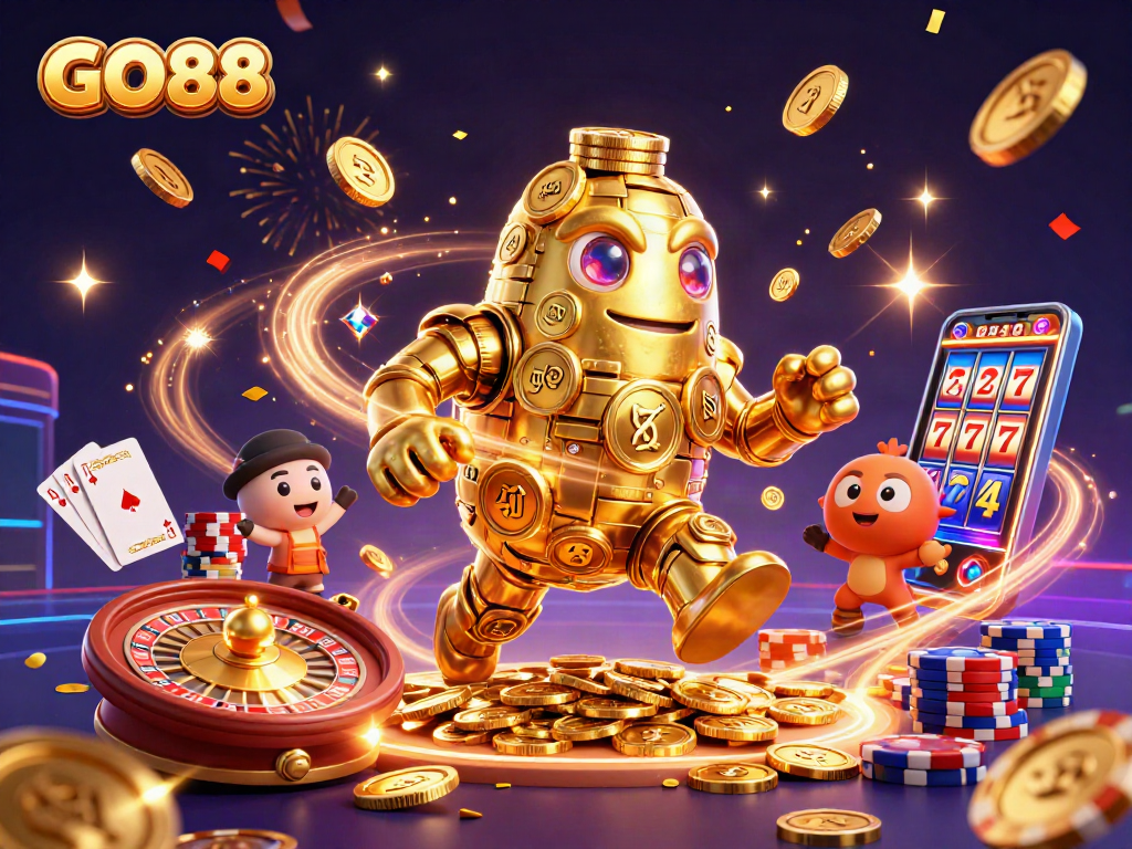 Engage with GO88's thrilling casino experience, featuring a golden golem and dazzling game elements.