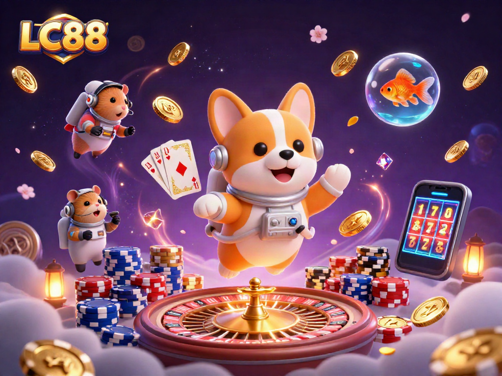 LC88 casino adventure with 3D astronaut corgi and floating poker chips in zero gravity.