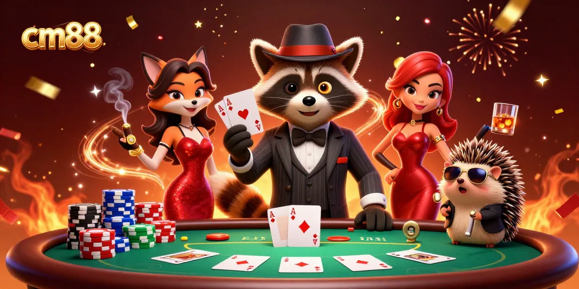 Experience the excitement of cm88 with a stylish raccoon and friends enjoying a lively poker game.
