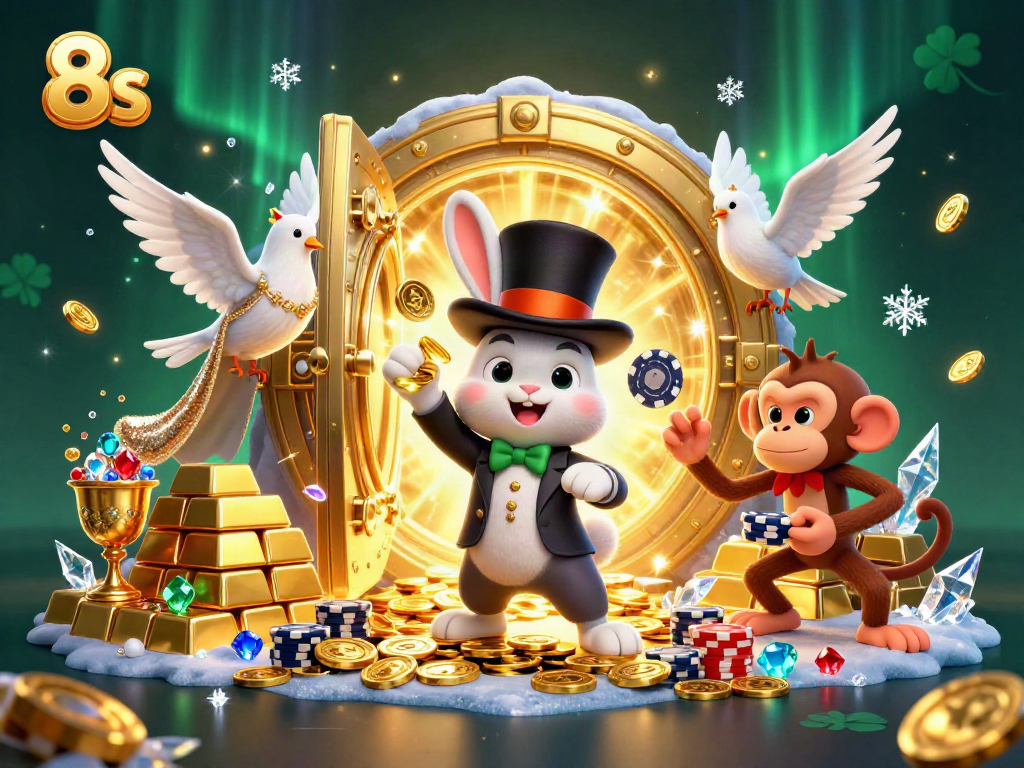 Play and win exciting prizes at 8s with the magician rabbit and glamorous dove amidst golden treasures.