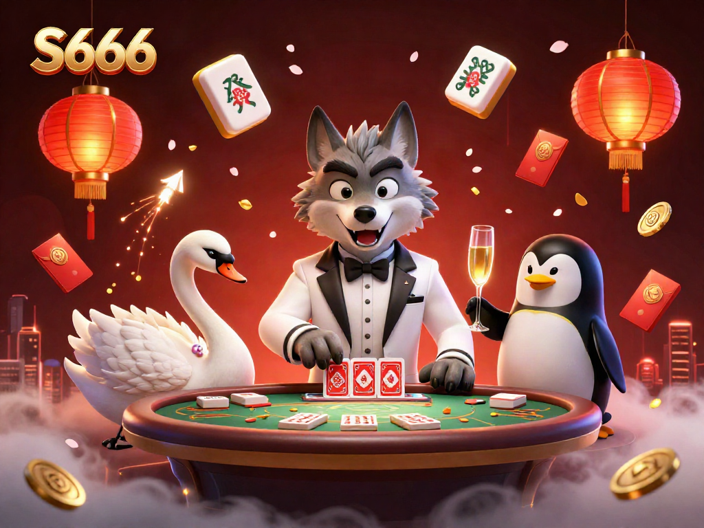 S666 casino illustration featuring a debonair wolf at a baccarat table with an elegant swan and a penguin sommelier