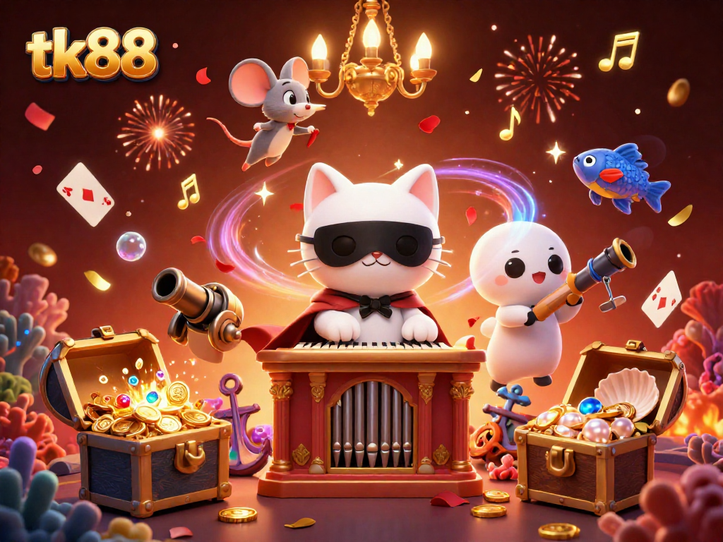 Engage with tk88 at a vibrant casino scene featuring a phantom cat and acrobatic mouse.