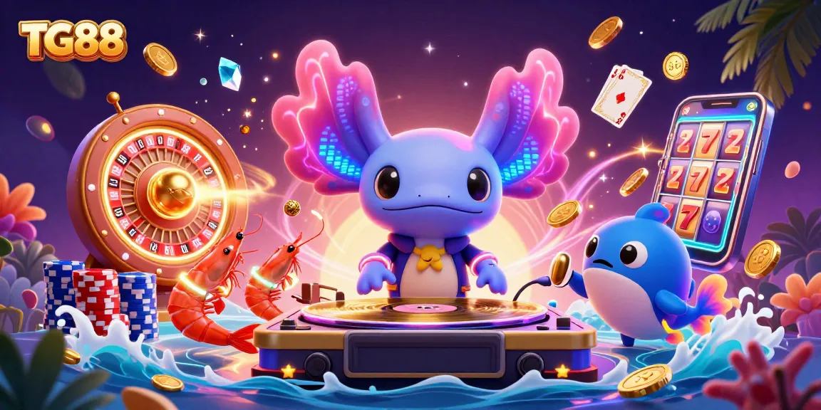 Engage in thrilling casino excitement with TG88's vibrant 3D axolotl DJ and lively gambling elements.