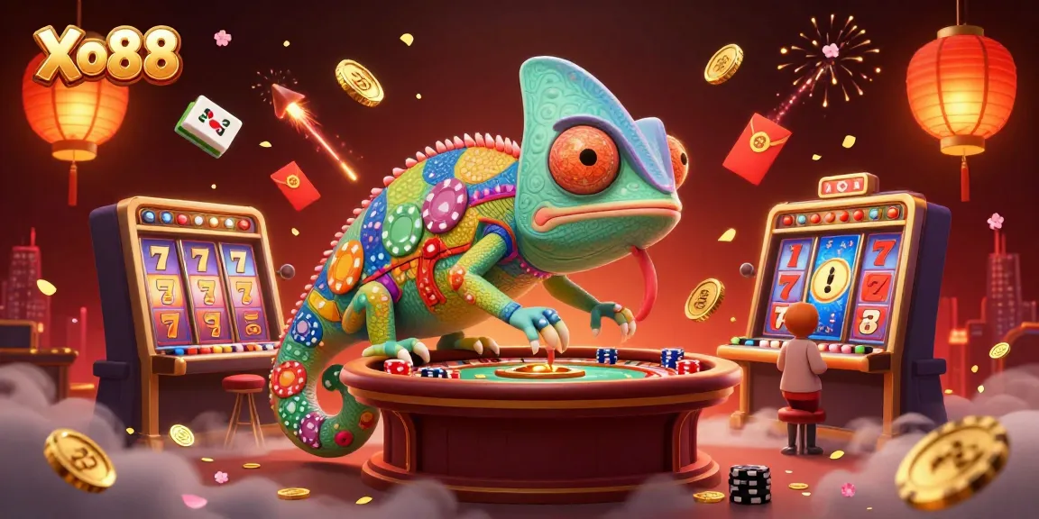 Xo88 showcases an energetic casino scene featuring a vibrant chameleon flipping poker chip colors amid cascading golden coins.