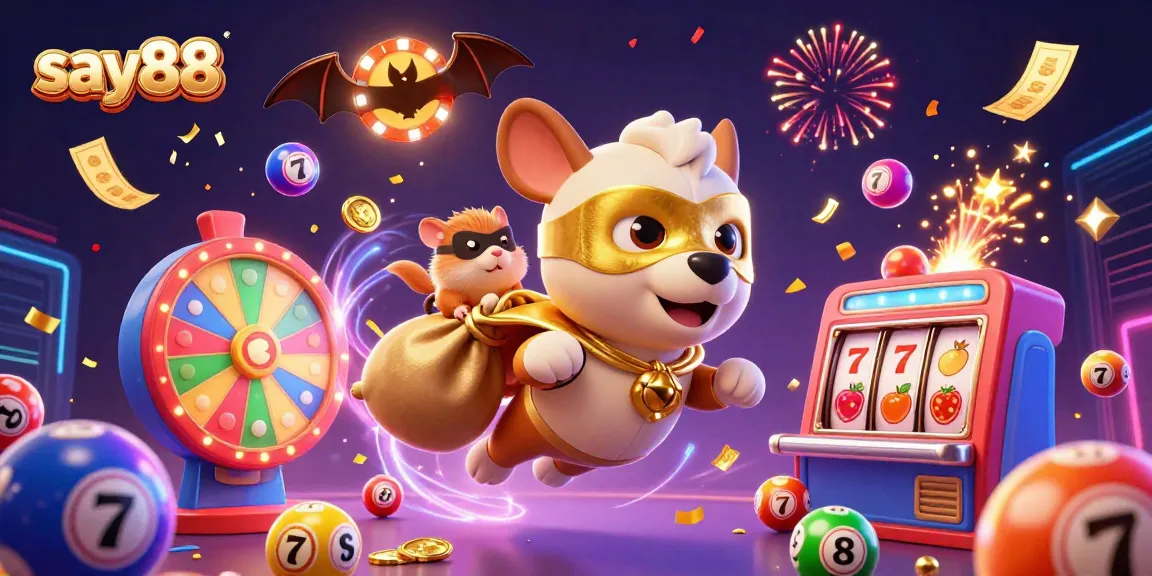 Engage with say88's thrilling world of online gaming, featuring vibrant slot reels and dynamic prize elements.
