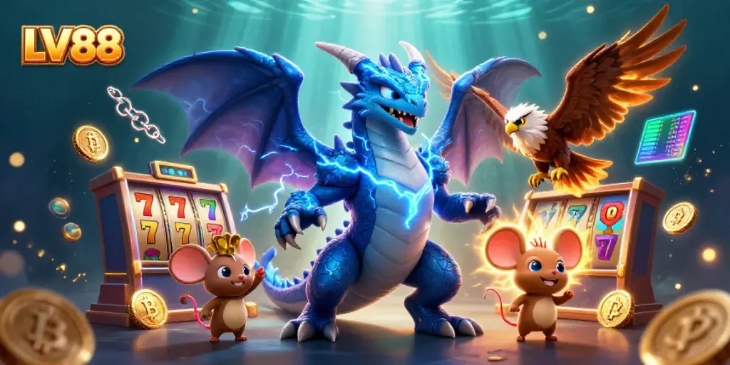 Experience thrilling gameplay at LV88 with vibrant slot reels and electrifying 3D characters bringing excitement to the casino.