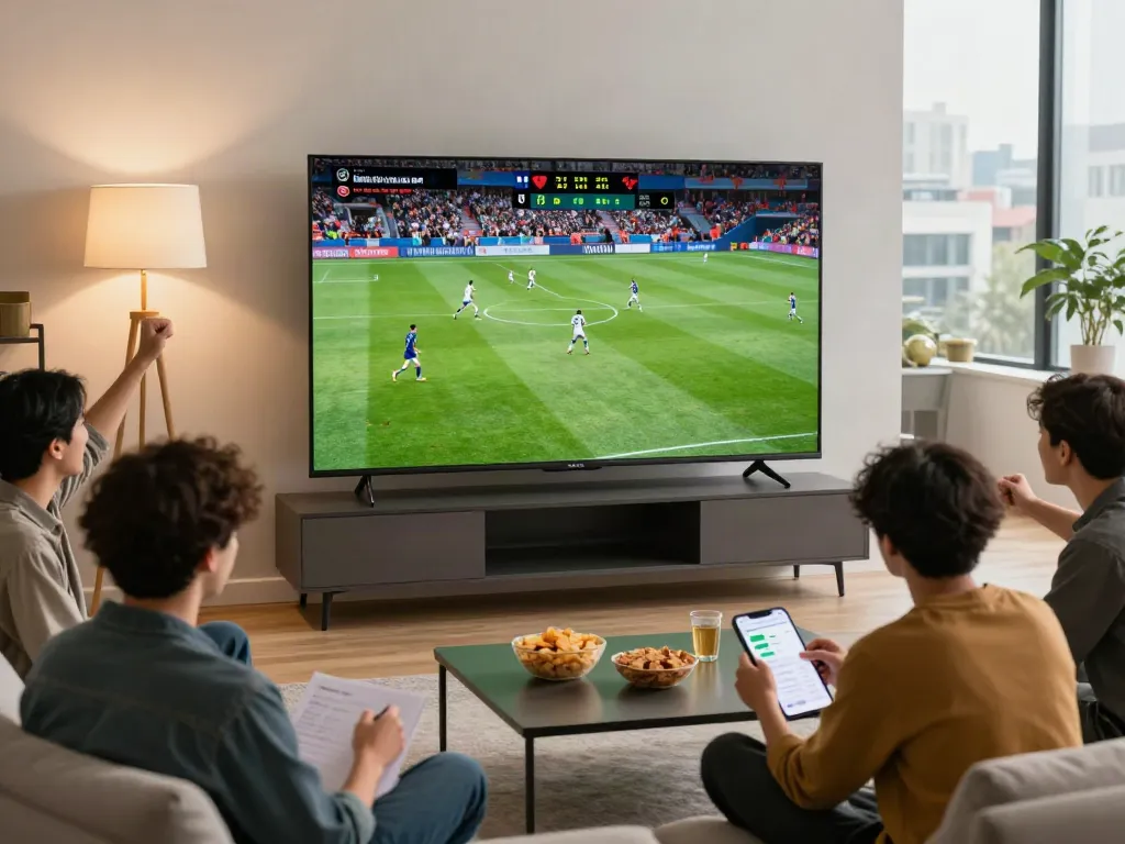 Friends enjoying a live soccer match on Gavangtv, capturing an engaging viewing moment in a cozy living room.