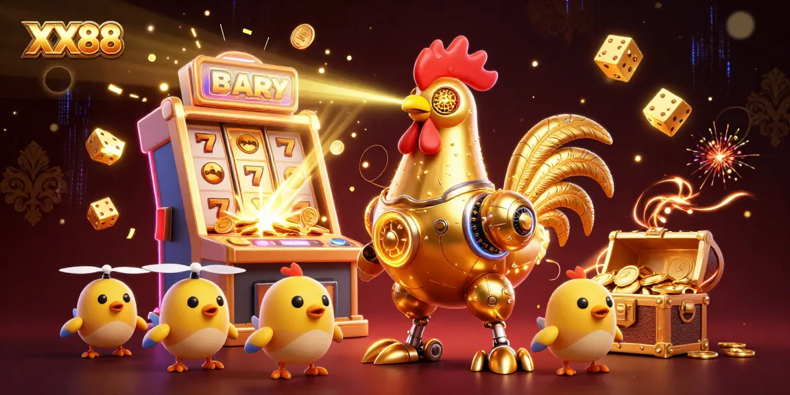 Experience the excitement of XX88 with a futuristic golden rooster robot and baby chick drones amidst casino elements.