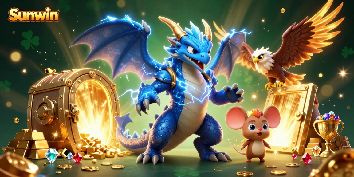 Experience thrilling wins with Sunwin's vibrant 3D casino scene featuring dynamic characters and treasures.