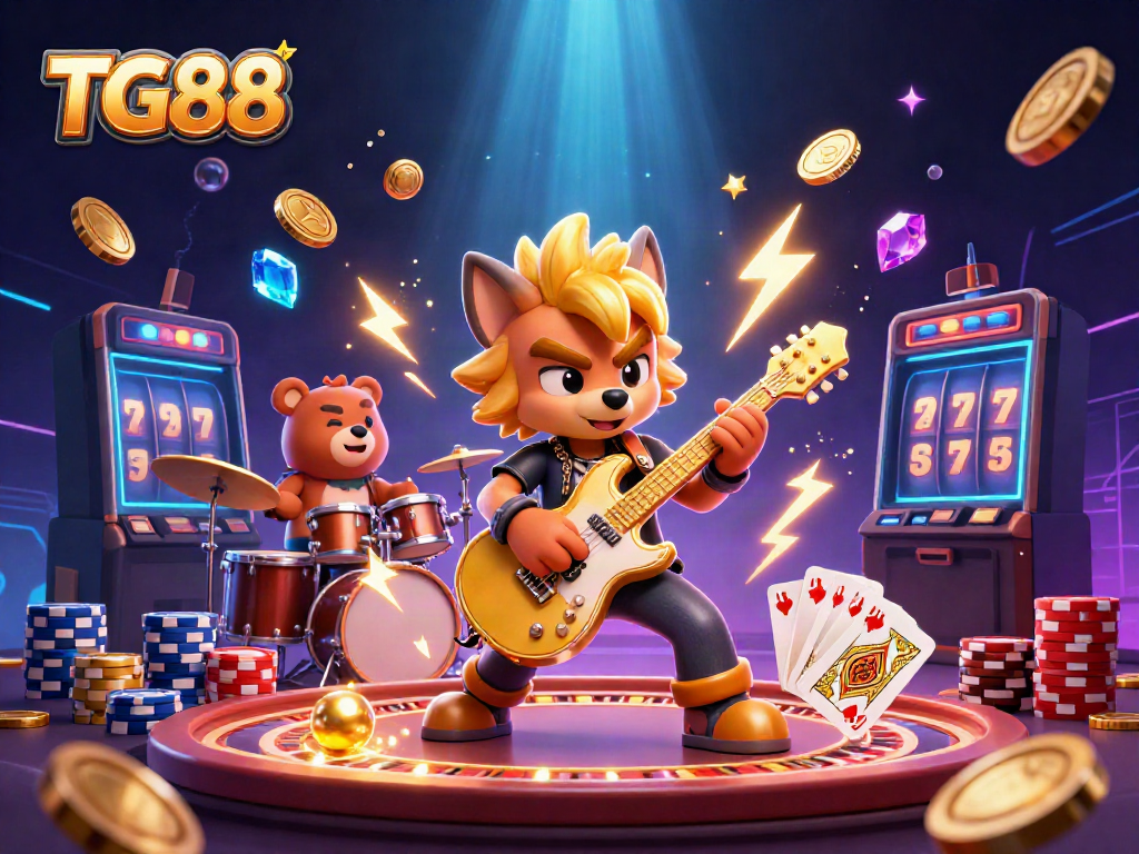 Experience the excitement of TG88 casino with rock star wolf and drummer bear in a vibrant, energetic scene.