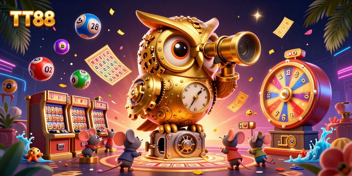 TT88's gaming scene showcases a vibrant 3D cartoon golden owl overseeing a bustling casino floor.