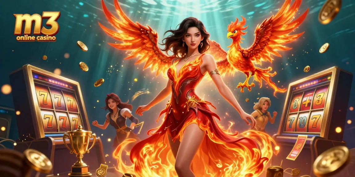 Engage with thrilling m3 online casino action showcasing dynamic slots, an Asian woman in flame attire, and a fire phoenix.