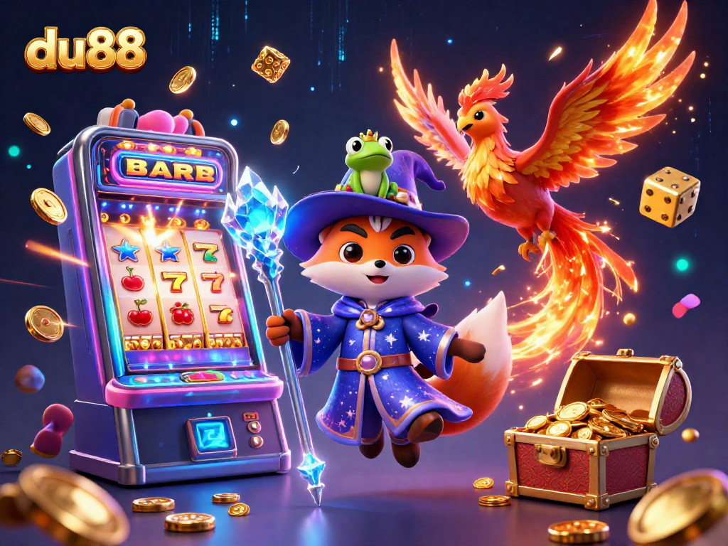 Engage with du88 through a vibrant casino scene featuring a wizard fox, phoenix, and thrilling jackpots.