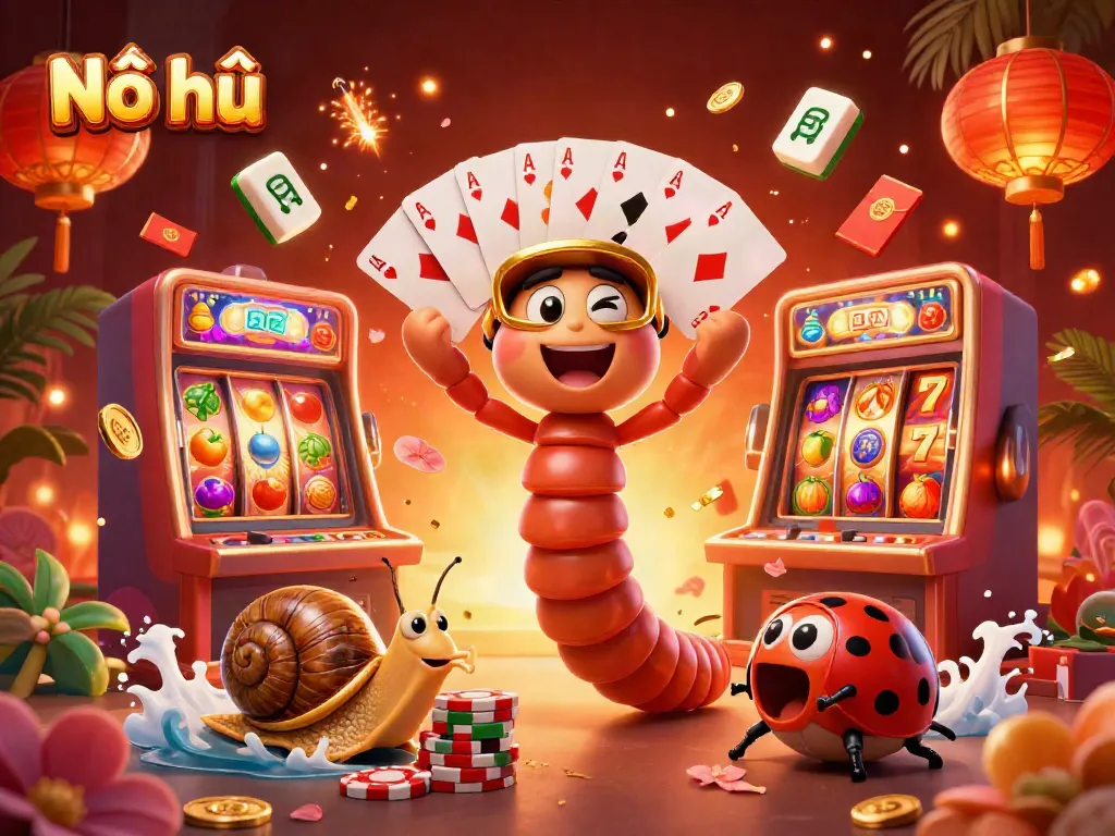 Nổ hũ game scene featuring a whimsical millipede dealer and high-roller snail in a vibrant casino