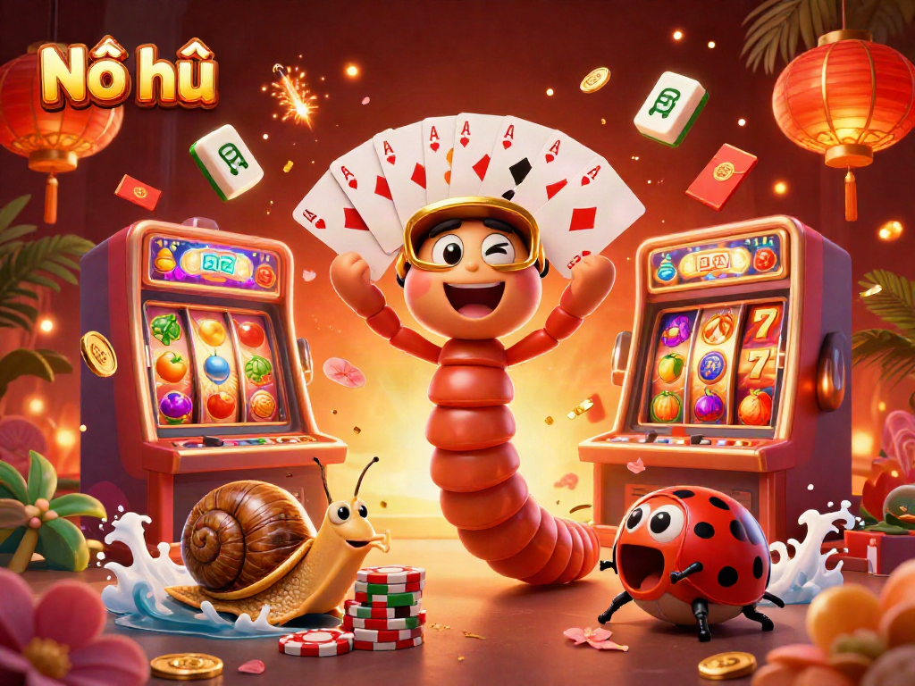 Nổ hũ game scene featuring a whimsical millipede dealer and high-roller snail in a vibrant casino