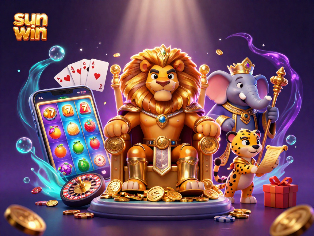 Experience the thrill and excitement of sun win as a lion king rules over a vibrant casino scene.
