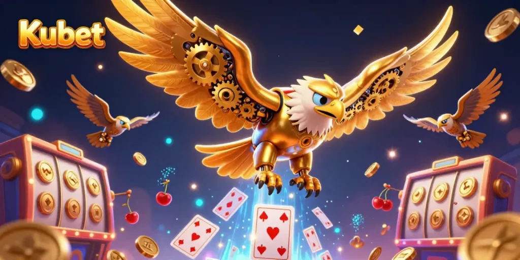 Kubet showcases a vibrant 3D casino scene with a golden eagle amidst high-stakes gaming elements.
