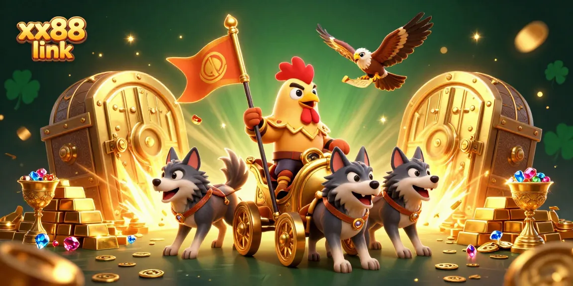 Engage with xx88 link in a vivid online gambling scene showcasing a rooster warlord on a chariot.