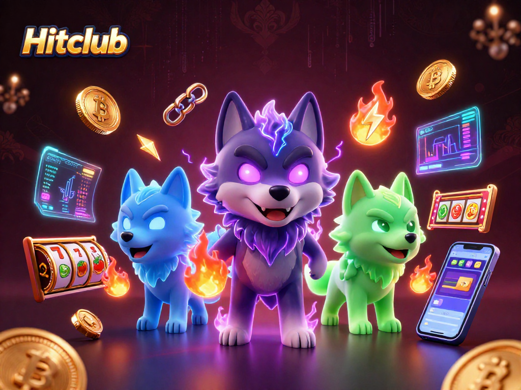 Hitclub's casino excitement captured in a vibrant 3D scene full of wolves and crypto elements.