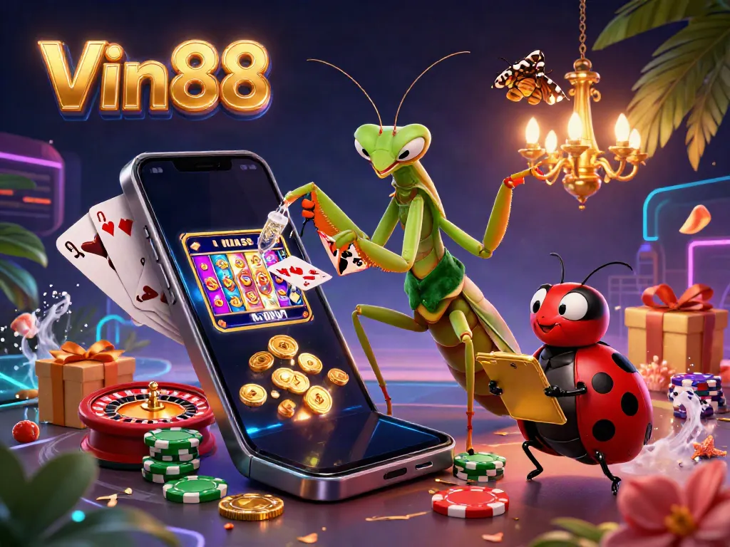Experience thrilling gameplay at Vin88 with a vibrant 3D scene of card sharp and pit boss amidst exciting casino elements.