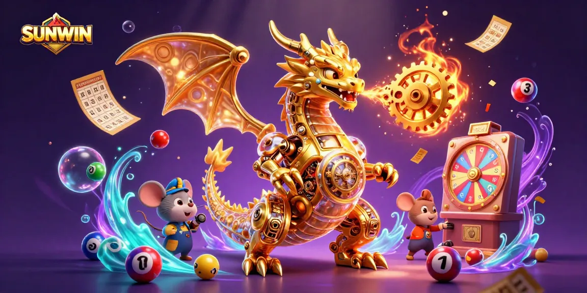 SUNWIN captures excitement with a golden dragon emitting gears amidst a vibrant gambling scene.