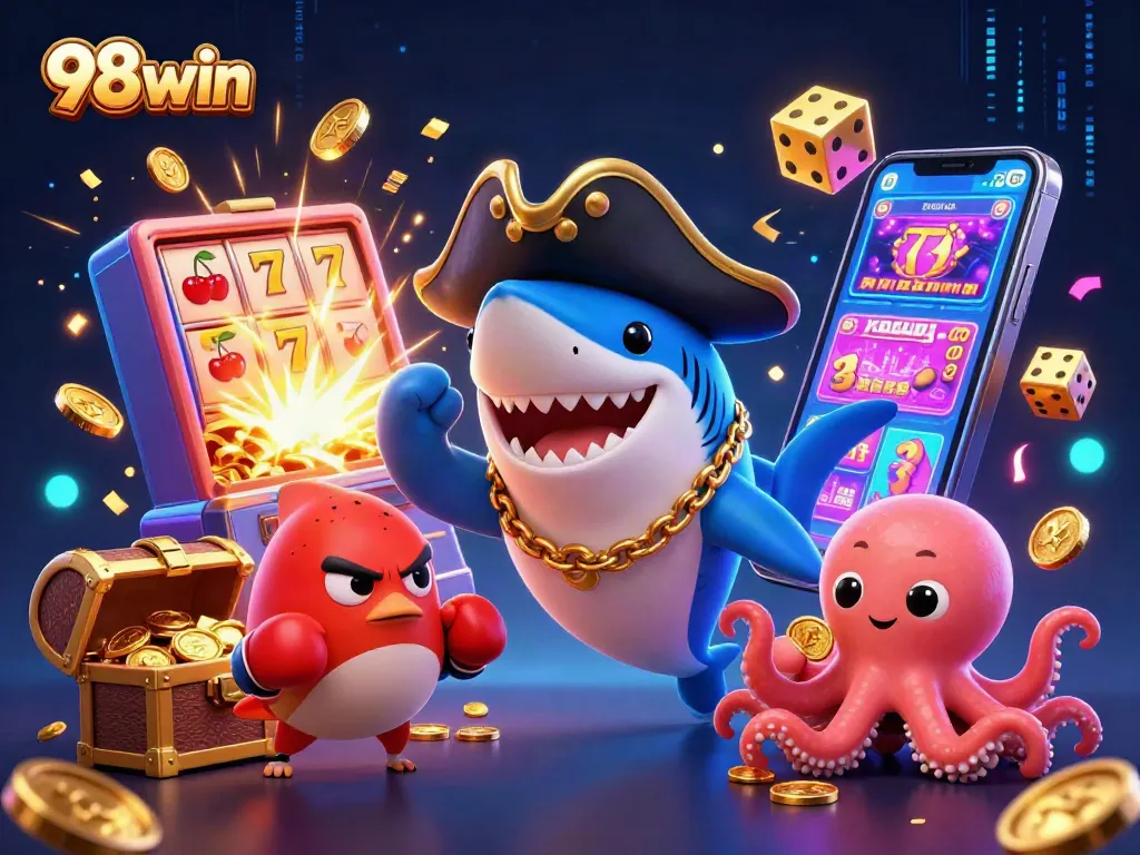 Experience exciting wins with 98win at an animated casino scene full of vibrant games and gold.