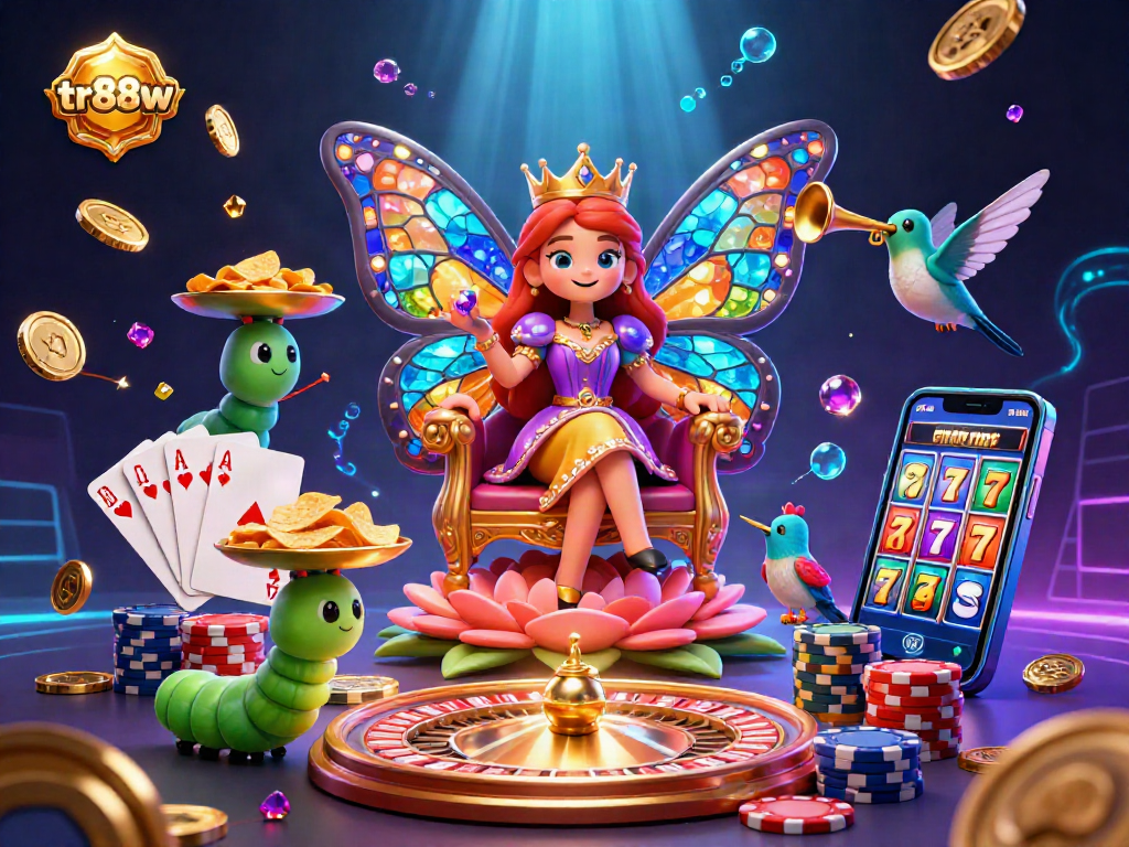 Experience the vibrancy of tr88w with a dazzling casino scene featuring a butterfly queen and golden gaming elements.