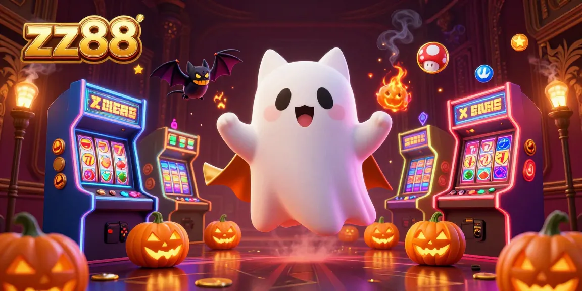 Join the fun at zx88 as the friendly ghost cat floats through a vibrant casino environment, filled with glowing game elements.