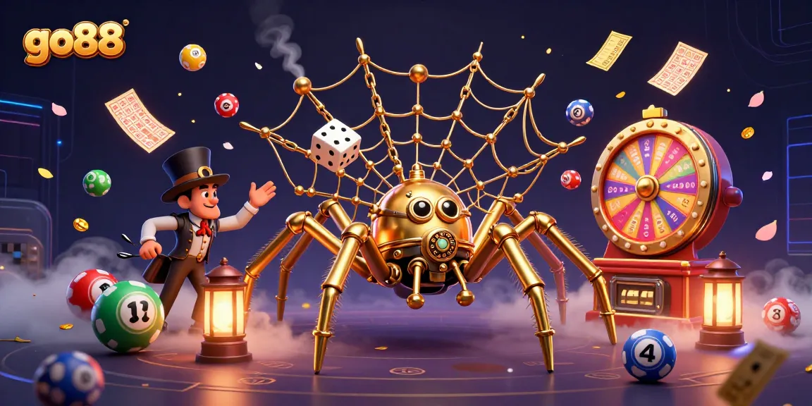 Experience the thrill of go88 with a vibrant 3D illustration featuring dynamic lottery, bingo, and casino elements.