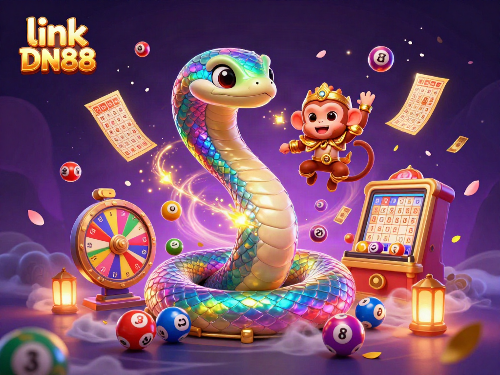 Join the fun with link DN88, featuring a vibrant illustration of a rainbow serpent and monkey king in a dynamic casino scene.
