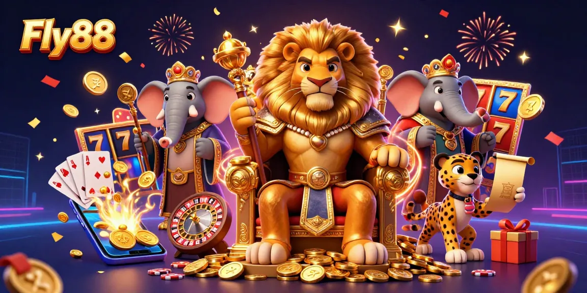 Spin to win with Fly88's vibrant slot game scene featuring dynamic characters and casino elements.